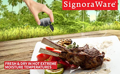SIGNORAWARE Salt and Pepper Shakers Moisture Proof Set of 2 Small Mini Salt Shaker to go Camping Picnic Outdoors Kitchen Lunch Boxes Travel Spice Set Clear with Red Covers Plastic Airtight Dispenser - color: Black/White