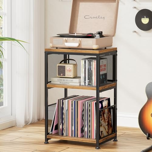 Simple Trending Record Player Stand, Turntable Stand with Vinyl Storage Holds Up to 200 Albums, Large Record Player Table with Adjustable Divider, Rustic Brown - size: End Table with mesh