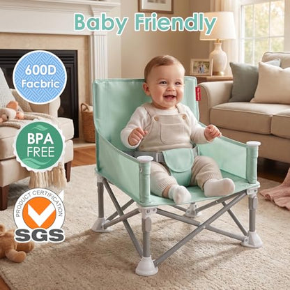 Tiny Marvels Baby Chair, Portable & Foldable for Travel & Beach, Ages 6M-3Y | BPA-Free Material, 3-Point Harness, 3-in-1 Baby Chair, Removable Tray & Carry Bag, Sturdy with Reinforcement, Non-Slip Feet - color: Green