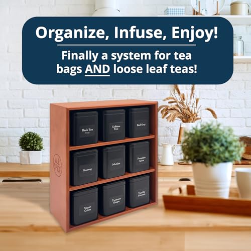 AllSpice Tea Organizer Rack with 9 Tins & 160 Magnetic Labels – Perfect for Bagged & Loose Leaf Tea Organization - Cherry - color: Cherry Stain