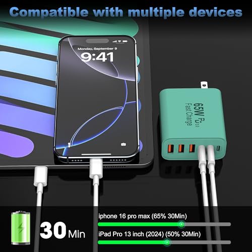 65W USB C Charger Block,6-Port Multi Device Fast Charger PD QC Wall Adapter | GaN technology saves space and reduces heat,ideal for home,office,travel,wide compatibility for iphone and USBC devices（Green - color: Green