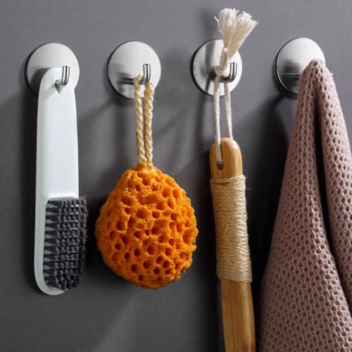 8 Pack Silver Adhesive Wall Hooks, Towel Hooks for Bathrooms, Sticky Hooks for Hanging, Stick on Wall Mount for Bathroom Kitchen Bedroom No Drill - style: R-Silver-90°