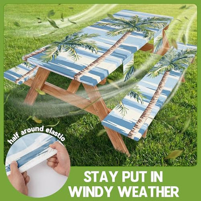 Picnic Table Cover with Bench Covers Waterproof Elastic Rectangle Reusable Folding Tablecloth Manteles Mantelería Camping Essentials Rv Car Travel Supplies Table Cloth Outdoor Road Trip Camper Gifts - color: Blue Green Coconut Tree, size: 96in