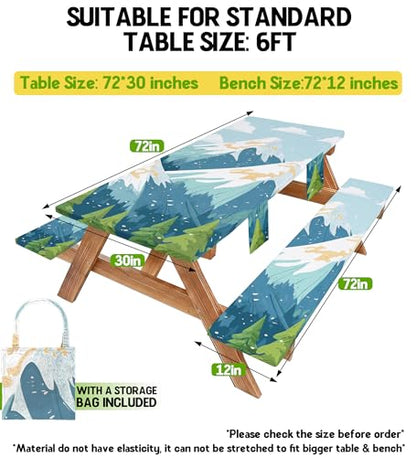 Picnic Table Cover with Bench Covers Waterproof Vinyl Elastic Rectangle Fitted Table Cloth Camping Lovers Essentials Rv Car Travel Overlanding Outdoor Roadtrip Road Trip Men Women Camper Gifts 6 Foot - color: Blue mountains, size: 72in