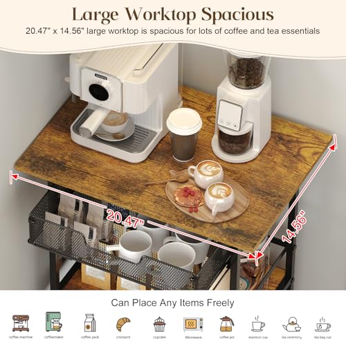 3 Tier Slim Rolling Coffee Cart with 2-Door & Pull-Out Wire Basket Drawer, Coffee Bar Cabinet on Lockable Casters, 32.7" H Microwave Cart with Storage for Home, Kitchen, Dining Room (Rustic Brown) - size: Medium