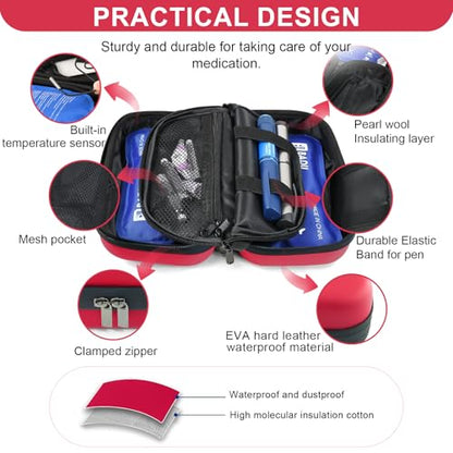 Gosemai TSA Approved Insulin Cooler Travel Case Medication Cooler for Travel with Thermometer Temperature Display Diabetic Medication Organizer Medical Travel Cooler Bag with 2 Ice Pack - color: Red