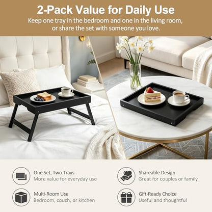 Breakfast Tray with Folding Legs Set of 2, Bamboo Bed Tray Table 15.7" Foldable TV Dinner Tray with Ergonomic Wave Handles for Bed Couch Sofa, Breakfast, Snacks, Coffee, Black - color: Black, size: Medium