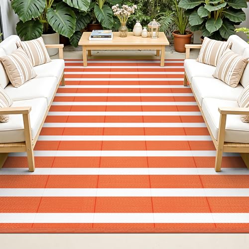 Vaukki Waterproof Outdoor Rug 6x9, Reversible Striped Patio Rug, Lightweight Plastic Straw Camping Mat, Indoor Outdoor RV Carpet for Outsides, Patio, Camping, Balcony, RV and Deck, Orange and White - color: Orange and White, size: 6' x 9' (Rectangular)