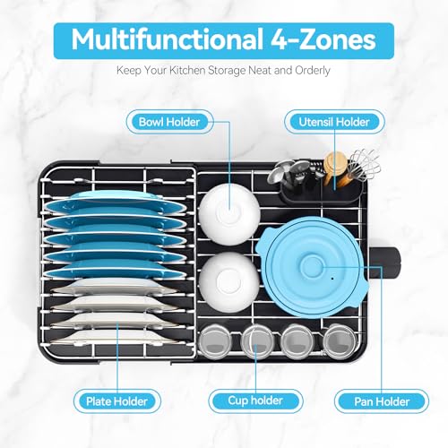 Urackify Dish Drying Rack - Dish Drainer for Kitchen Counter, Stainless Steel Dish Rack with Swivel Draining Spout & Drain Board, Expandable Space-Saving Kitchen Dish Organizer for 3-4 People, Black - color: Black