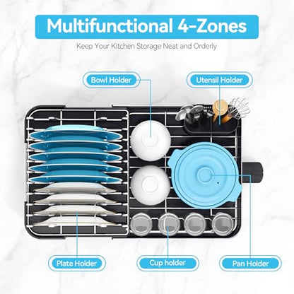 Urackify Dish Drying Rack - Dish Drainer for Kitchen Counter, Stainless Steel Dish Rack with Swivel Draining Spout & Drain Board, Expandable Space-Saving Kitchen Dish Organizer for 3-4 People, Black - color: Black