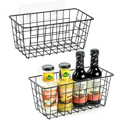 ZUSHALLMY 2 Pack Hanging Kitchen Baskets, Adhesive Wire Wall Storage Basket, No Drilling Hanging Fruit Baskets, Cabinet Door Organizer for Kitchen Bathroom Pantry, Upgrade Super-sized Adhesive