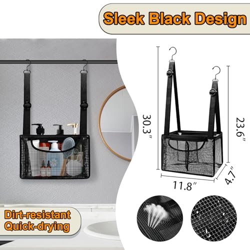 Black PVC Mesh Hanging Shower Caddy with 2 Magnetic Hooks, Adjustable Portable Bathroom Organizer with Pockets for Cruise, Dorm, Gym, Camping, RV, 12"x6"x7"(LxWxH)