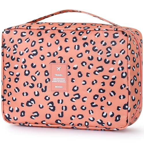 Mossio Hanging Toiletry Bag with Sturdy Hook - Large Portable Cosmetic Makeup Travel Organizer for Men & Women - color: Pink Leopard