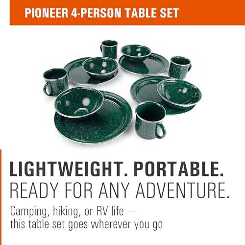 GSI Outdoors Pioneer Enamel 12 Pieces (4-Person) Dish Set I Enamelware Dishes Including Plates, Bowls and Mugs for Camping, Outdoors, RV, Camp, Green