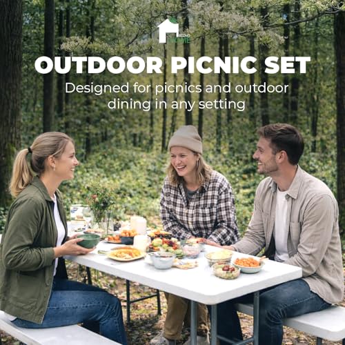EconoHome 6 Ft White Plastic Folding Table Set with 2 Benches – Heavy-Duty Picnic Table & Bench Set, Space-Saving, Indoor/Outdoor, Seats 6-8, Easy Storage & Transport