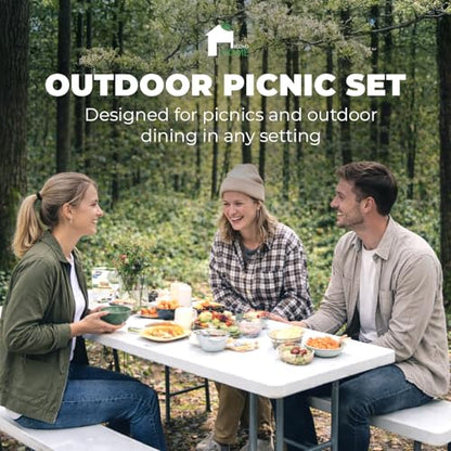 EconoHome 6 Ft White Plastic Folding Table Set with 2 Benches – Heavy-Duty Picnic Table & Bench Set, Space-Saving, Indoor/Outdoor, Seats 6-8, Easy Storage & Transport