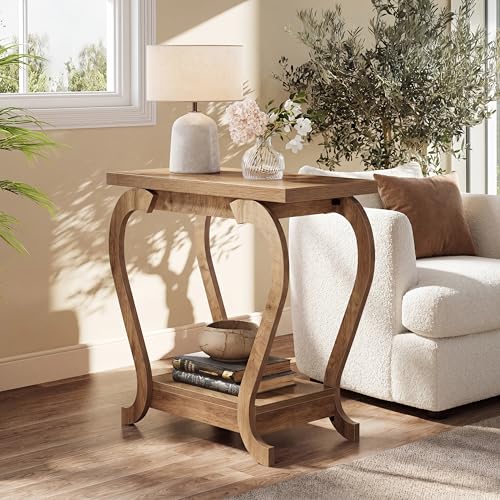 Tribesigns Narrow End Table with Storage, 2-Tier Wooden Side Table for Small Spaces, Slim Nightstand Bedside Table for Living Room & Bedroom, Rustic Brown, 23.6 Inch (1, Brown) - color: Brown