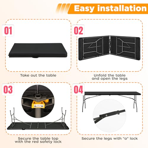 FDW 8FT Folding Table, Portable Fold-in-Half Plastic Picnic Party Table with Carrying Handle (Black, 8FT) - color: Black, size: 8 FT 94"x29"
