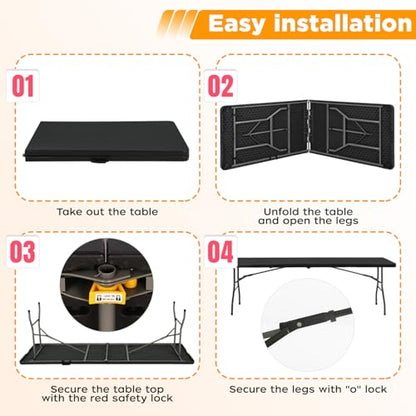 FDW 8FT Folding Table, Portable Fold-in-Half Plastic Picnic Party Table with Carrying Handle (Black, 8FT) - color: Black, size: 8 FT 94"x29"