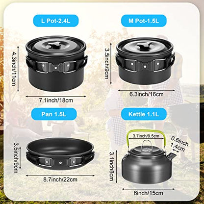 Gejoy 42 Pcs Camping Cookware Mess Kit, Non Stick Lightweight Pots Pan Kettle, Collapsible Water Container and Bucket, Stainless Steel Cups Plates Forks Knives Spoons for Outdoor Backpacking Picnic