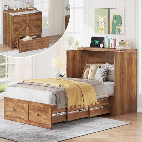 AMERLIFE Twin Murphy Bed Cabinet with Charging Station and Storage Drawer, Farmhouse Foldable Platform Bed for Home Office, Apartment, Small Spaces, Barnwood - color: Barnwood, size: Twin