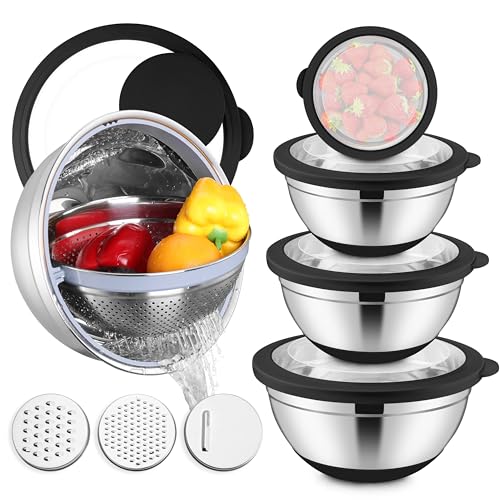 E-far Mixing Bowls with Lids Set, 15PCS Stainless Steel Mixing Nesting Bowl with Colander & 3 Metal Grater for Kitchen Prep/Baking/Storage, Non-Slip Bottom & Airtight Lid, 4.6, 3, 1.5, 1, 0.7QT, Black - color: Black