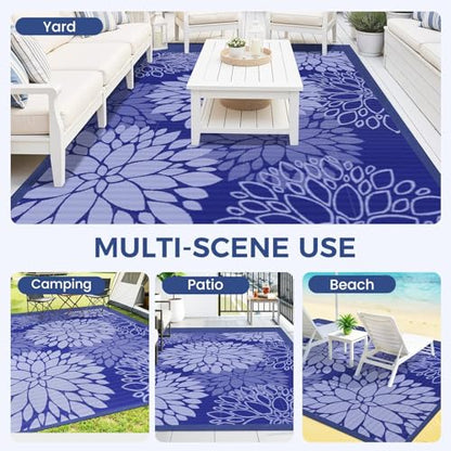 Mattitude Outdoor Rug 5' x 8' Waterproof, Reversible Portable Plastic Straw Area Rugs, Patio Carpet for RV Camping, Porch, Deck, Backyard, Camper, Pool, Picnic, Blue & White - size: 5' x 8' (Rectangular)