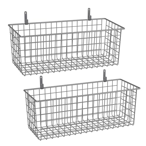 2 Sets Extra Large Hanging Wall Basket, Grey Metal Wire Baskets with Steel Hooks for Organizing, WallmountedFruit Vegetable Toy Snack Storage, Home Kitchen Bathroom Laundry Pantry Organizer - color: Grey