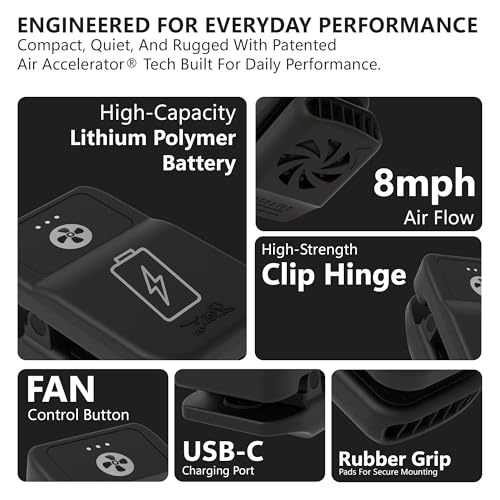 Tigeraire Lil Breezy Clip-On Hat Fan for Kids, Black | 8 MPH Airflow, 6H Runtime, Mini Personal Portable, Rechargeable, Face and Head Cooling - color: Black