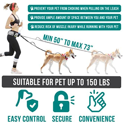 PetAmi Hands Free Dog Leash Belt Bag for Walking, Jogging - Double Zipper Pouch with Poop Bag Dispenser, Dual Padded Handles Reflective Bungee Leash, Single (Heather Grey) - color: Heather Grey, size: 1 Leash