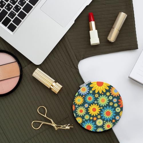 Abstract Hippie Flower Print Foldable Travel Pocket Mirror Round PU Leather Portable Mini Makeup Double Sided Handheld Magnifying,2.6 in - color: Abstract Hippie Flower