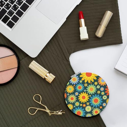Abstract Hippie Flower Print Foldable Travel Pocket Mirror Round PU Leather Portable Mini Makeup Double Sided Handheld Magnifying,2.6 in - color: Abstract Hippie Flower