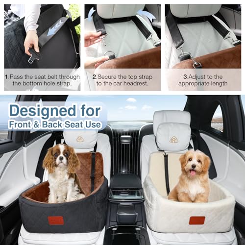 WOOAIDAGG Dog Car Seat for Small Dogs Under 30lbs,Ultra Soft Fabric & Memory Foam Pet Travel Car Bed,Washable & Detachable,Anti-Slip Bottom,2 Storage Pockets and Safety Tethers(Black/Brown) - color: Black/Brown