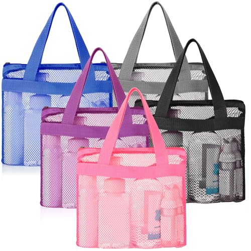 Sweetude 6 Pcs Portable Mesh Shower Caddy Tote Assorted Colors Quick Dry Tote Bag Mesh Beach Bags for Women Hanging Toiletry and Bath Organizer for Travel Swimming Sports Gym Camp Shopping College