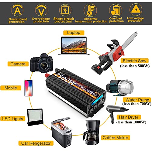 2500W Power Inverter 12V DC to AC 110V/120V (Peak) 5000W Converter 3 sockets car Inverter with Remote Control and LED Display 3.4A USB Port - size: 12v-2500W