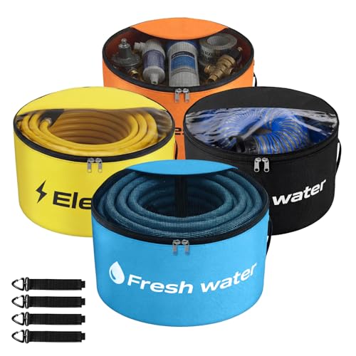 RV Sewer Hose Storage 4 Packs, Two-Way Zipper Closures and Visible Cover for RV Storage And Organization, Waterproof Accessories Bag for Garden Fresh Water Hoses Electrical Cords Camper Tools - style: Advanced Version - Zipped Style