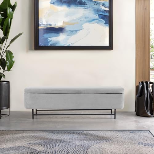 56" Boucle Storage Bench for Bedroom, Upholstered Teddy Ottoman Bench, Modern Extra Long Storage Bench for End of Bed/Entryway/Livingroom/Window (Grey) - color: Grey, size: 17.7"D x 56"W x 18.5"H