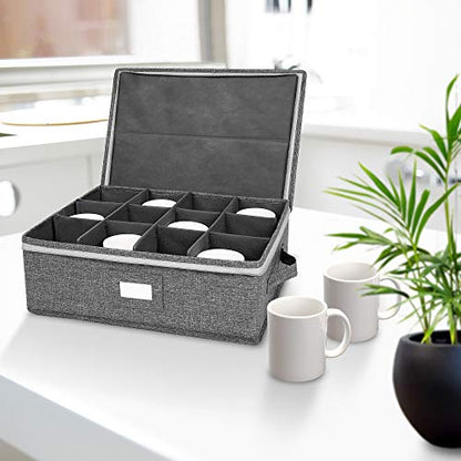 popoly Mug Storage Box with dividers, China Coffee Cup Storage Containers with Zipper Lid and Rivet Reinforced Handles, Holds 12 Coffee Mugs and Tea Cups, Structured Top and Stackable (Grey) - size: 1 Pack