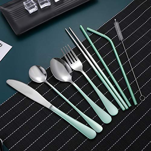Travel Utensils,Reusable Silverware Set To Go Portable Cutlery Set with a Waterproof Carrying Case for Lunch Boxes Workplace Camping Picnic (GraGreen) - color: Gradient Green + TeaSpoon