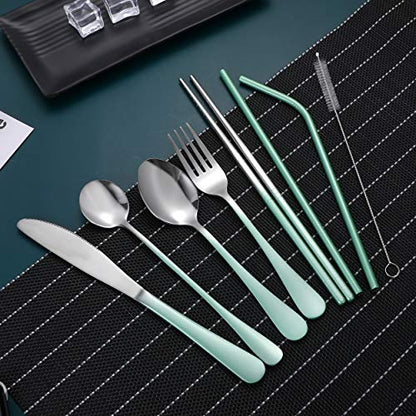 Travel Utensils,Reusable Silverware Set To Go Portable Cutlery Set with a Waterproof Carrying Case for Lunch Boxes Workplace Camping Picnic (GraGreen) - color: Gradient Green + TeaSpoon