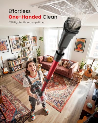 CHEBIO Lightweight Cordless Vacuum Cleaners for Home, Stick Vacuum Cordless Rechargeable with 45kPa Suction,45-Min Run,Anti-Tangle and Self-Stand, 6 in 1 Hardwood Vacuum Cleaner (red)