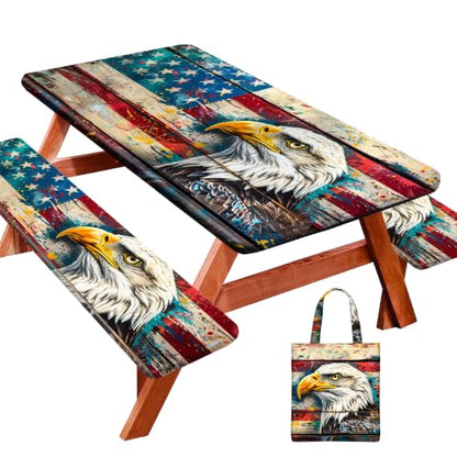 Picnic Table Cover with Bench Covers Camping Essentials Waterproof Windproof Camping Tablecloth with Elastic, Fits Table 30"x 72" Rectangle and Seats, Wood Grain American Flag - color: Wood Grain American Flag