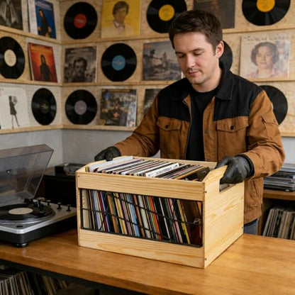 Covzoe Vinyl Record Storage Crate, Wooden Album Holder with Handle, Holds up to 70+ Albums, Natural Cube CD Albums Shelf Organize Box, File Organizer Rack for Desktop, Home, Office