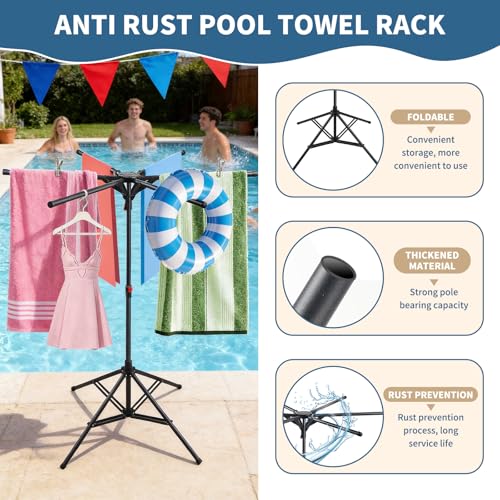 Pool Towel Rack Outdoor Adjustable Height 41.3-61.8In Towel Rack for Pool Heavy-Duty Freestanding Pool Float Storage Rack 4-Legged Stand & 6 Foldable Arms for Drying Swim Gear