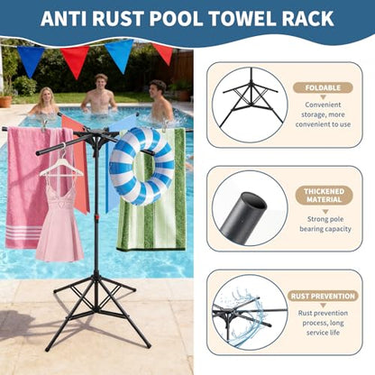 Pool Towel Rack Outdoor Adjustable Height 41.3-61.8In Towel Rack for Pool Heavy-Duty Freestanding Pool Float Storage Rack 4-Legged Stand & 6 Foldable Arms for Drying Swim Gear