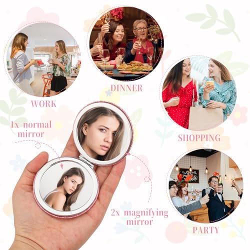 Dimeho Cosmetic Compact Mirror Folding Glitter Round Mini Makeup Mirror Portable Bling Magnifying Vanity Mirror Cute Travel Double-Sided Mirror for Women Purse Handbag Wallet Home Office
