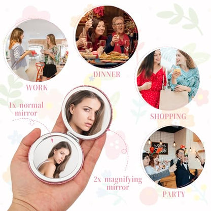Dimeho Cosmetic Compact Mirror Folding Glitter Round Mini Makeup Mirror Portable Bling Magnifying Vanity Mirror Cute Travel Double-Sided Mirror for Women Purse Handbag Wallet Home Office