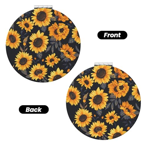 Sunflower Style6 Print Foldable Travel Pocket Mirror Round PU Leather Portable Mini Makeup Double Sided Handheld Magnifying,2.6 in - color: Sunflower Style6