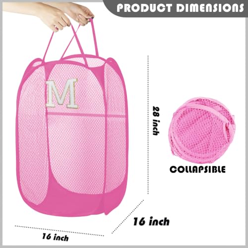 Collapsible Pop Up Laundry Hamper, Extra Large with Removable Initial Letter M, Mesh Foldable Laundry Basket, 28" x 16" x 16" (Pink) - color: 1P PinkM