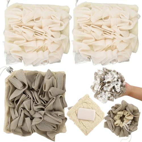 3 Pcs Soap Bar Loofah, 2 in 1 Bar Soap Loofah Pouch Can Hold Soap Effective Exfoliation for Bathing (Beige*2 + Khaki*1) - style: Beige + Khaki